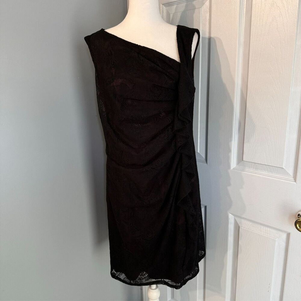 Suzi Chin for Maggy Boutique Sz 14 Red Under Lace Ruffle Dress | Asymmetric Neck